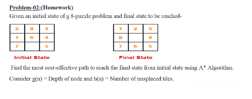  Problem-02:(Homework) Given an initial state of a 8-puzzle problem and final