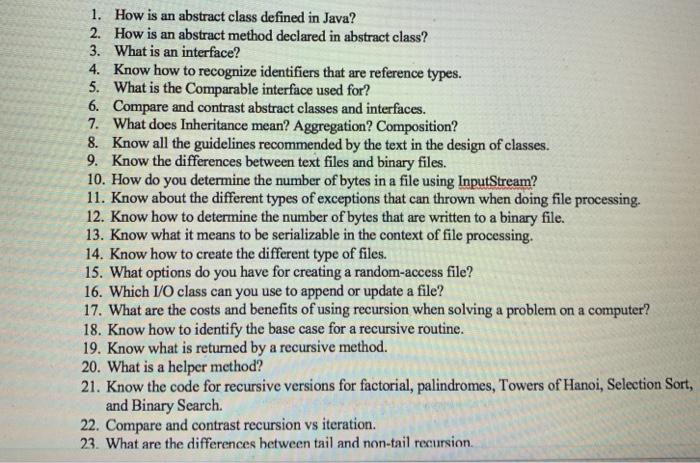  1. How is an abstract class defined in Java? 2. How