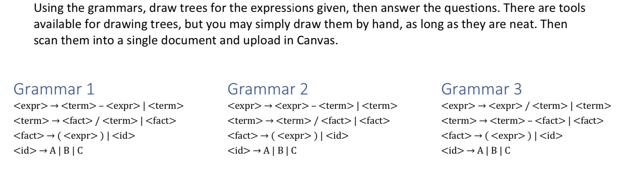  Using the grammars, draw trees for the expressions given, then answer