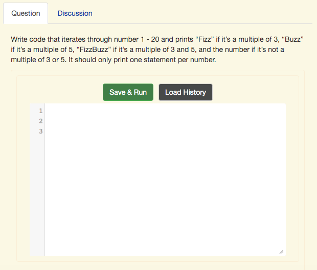 Write code that iterates through number 1 - 20 and prints Fizz