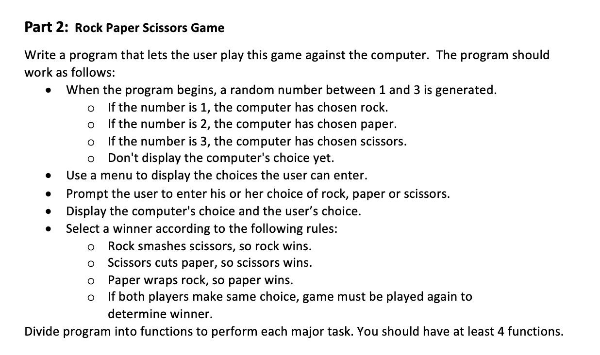  Please code this in C++ Part 2: Rock Paper Scissors Game