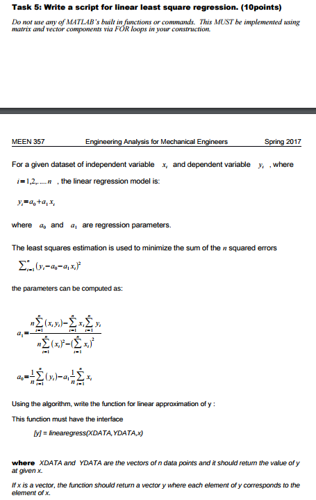  Task 5: Write a script for linear least square regression. (10points)