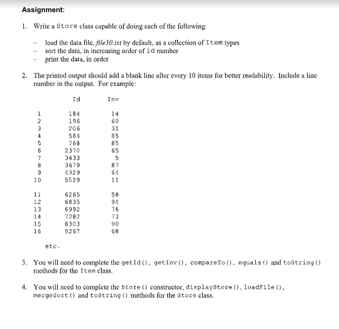 stored in a text file named file50.txt. public class Item implements comparable
