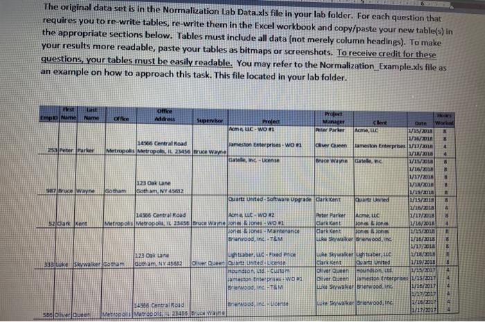  The original data set is in the Normalization Lab Data.xls file