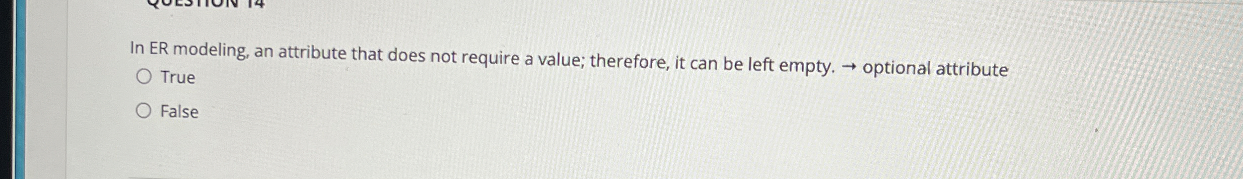 In ER modeling, an attribute that does not require a value;