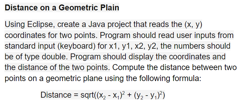  Distance on a Geometric Plain Using Eclipse, create a Java project
