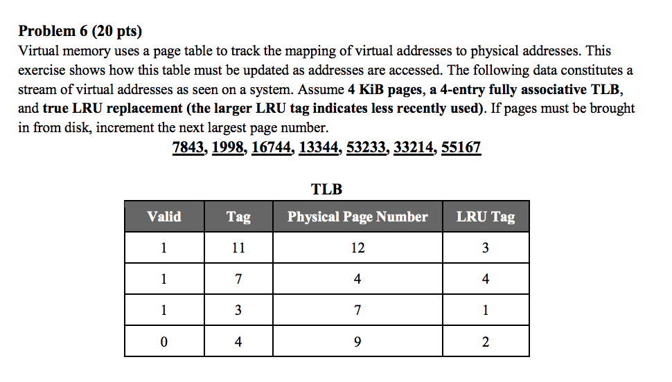  Problem 6 (20 pts) Virtual memory uses a page table to