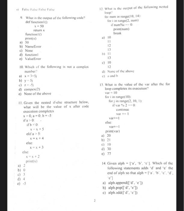  e False False False False 9. What is the output of