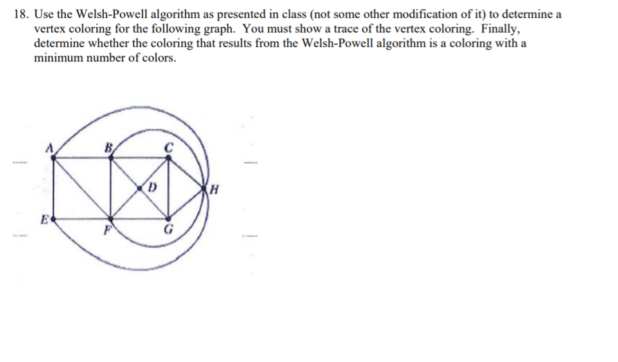  18. Use the Welsh-Powell algorithm as presented in class (not some