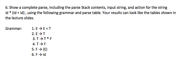  6. Show a complete parse, including the parse Stack contents, input