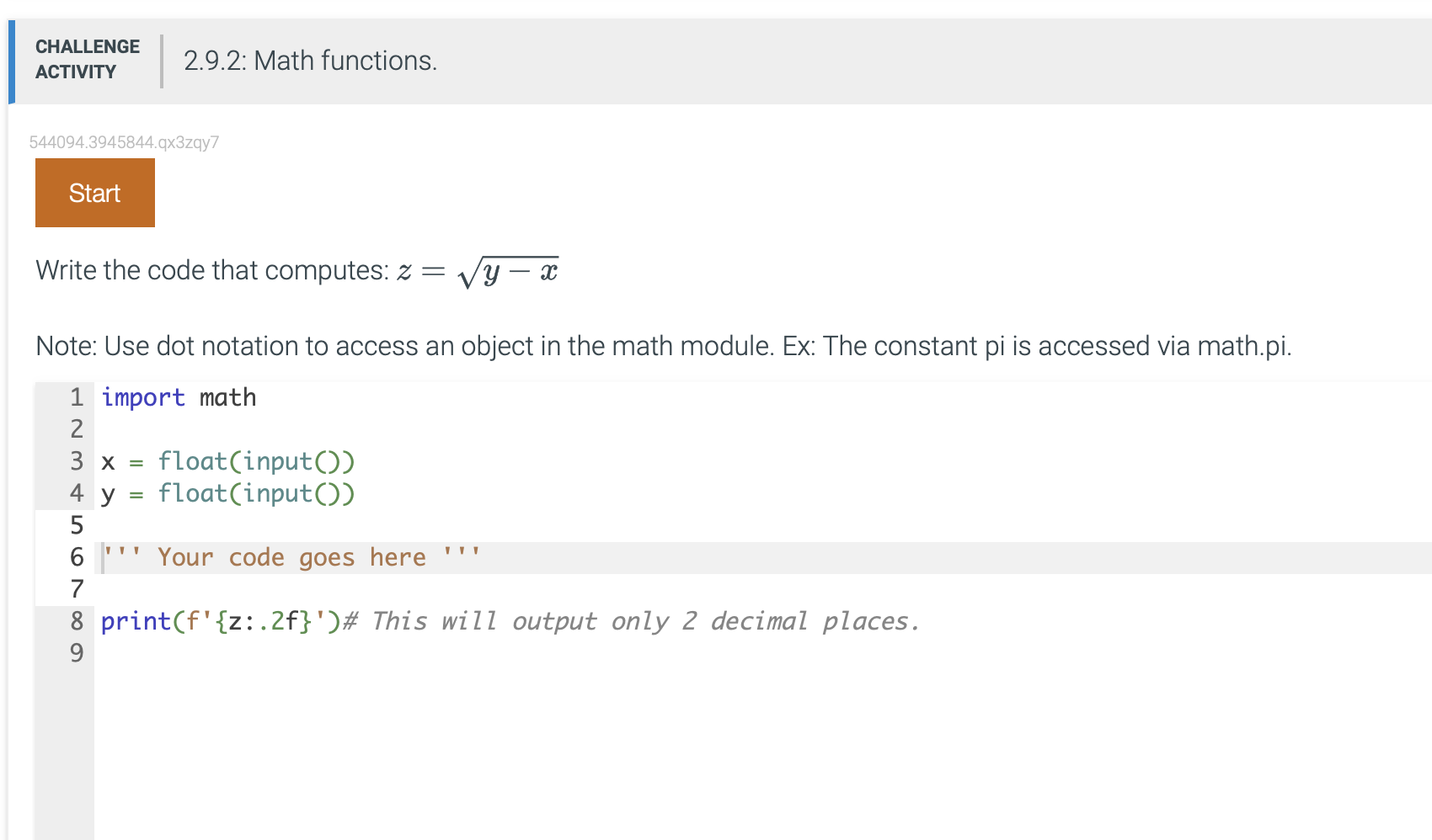  544094.3945844.qx3zqy7 Write the code that computes: z=y-x2 Note: Use dot notation