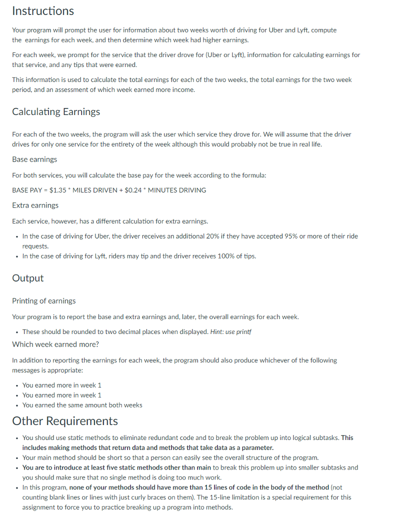 Java program that must follow hte bullet points under other requirements. Instructions