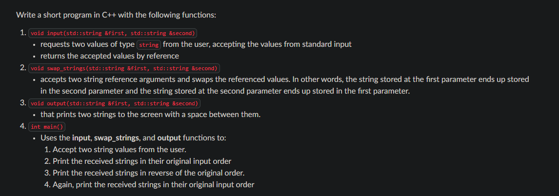  Write a short program in C++ with the following functions: void