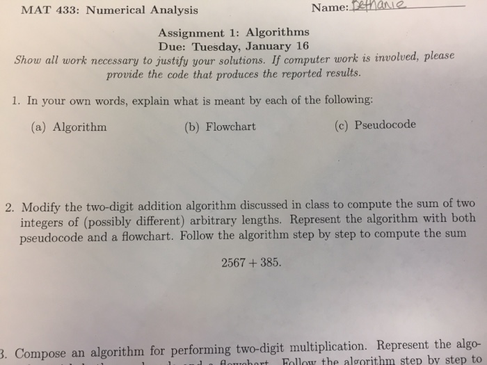  #2 please help! Numerical Analysis! MAT 433: Numerical Analysis Name:hane Assignment