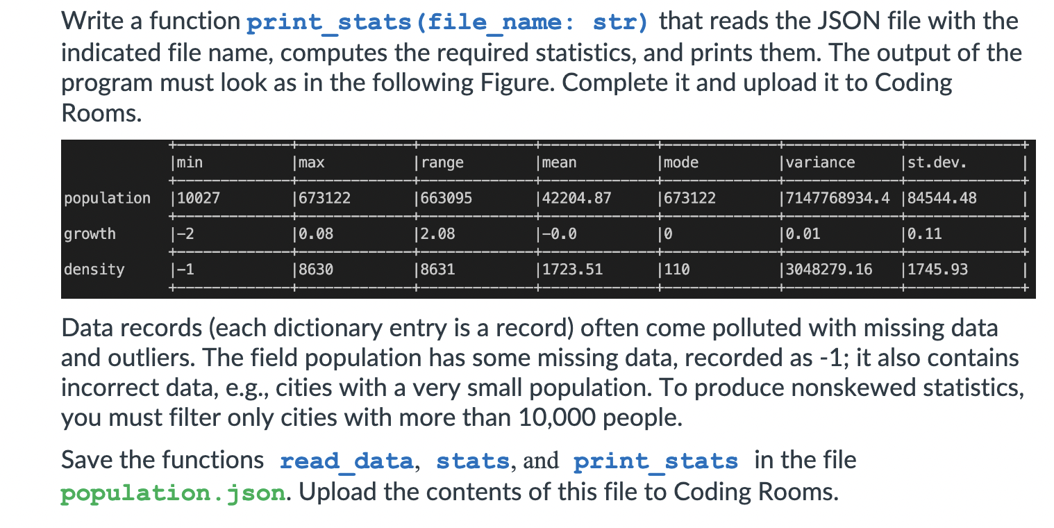 This is my code so far Write a function print_stats (file_name: str)