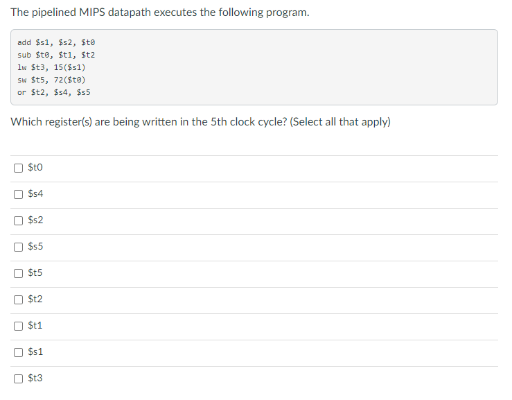  The pipelined MIPS datapath executes the following program. add $51, $s2,