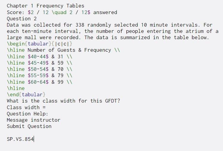 Chapter 1 Frequency Tables Score: $2 / 12 \quad 2 /