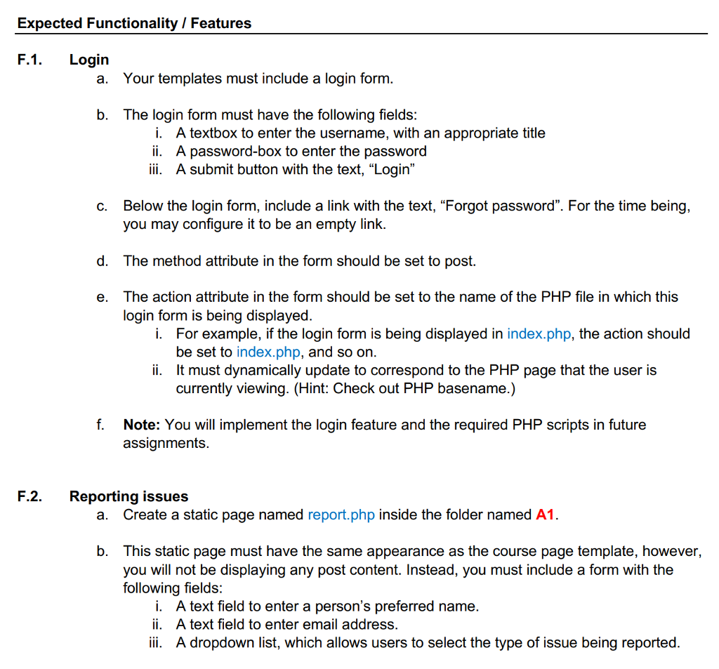 use appropriate HTML elements to display the following: a. Course post title