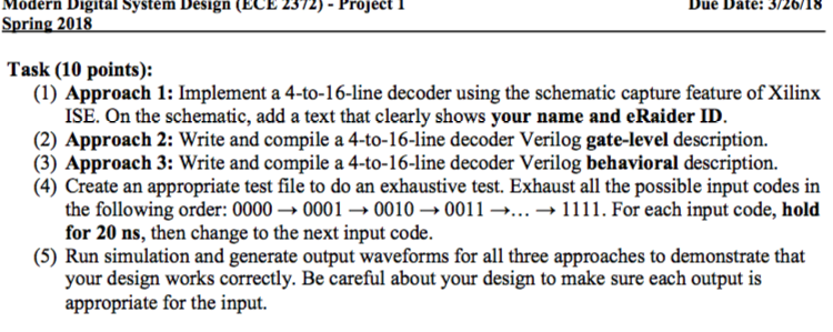  Modern Digital System Design (ECE 2372)- Project Due Date: 3/26/18 Task