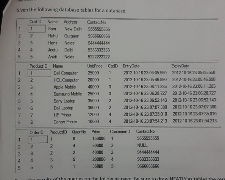  SQL Given the following database tables for a database: CustID Name