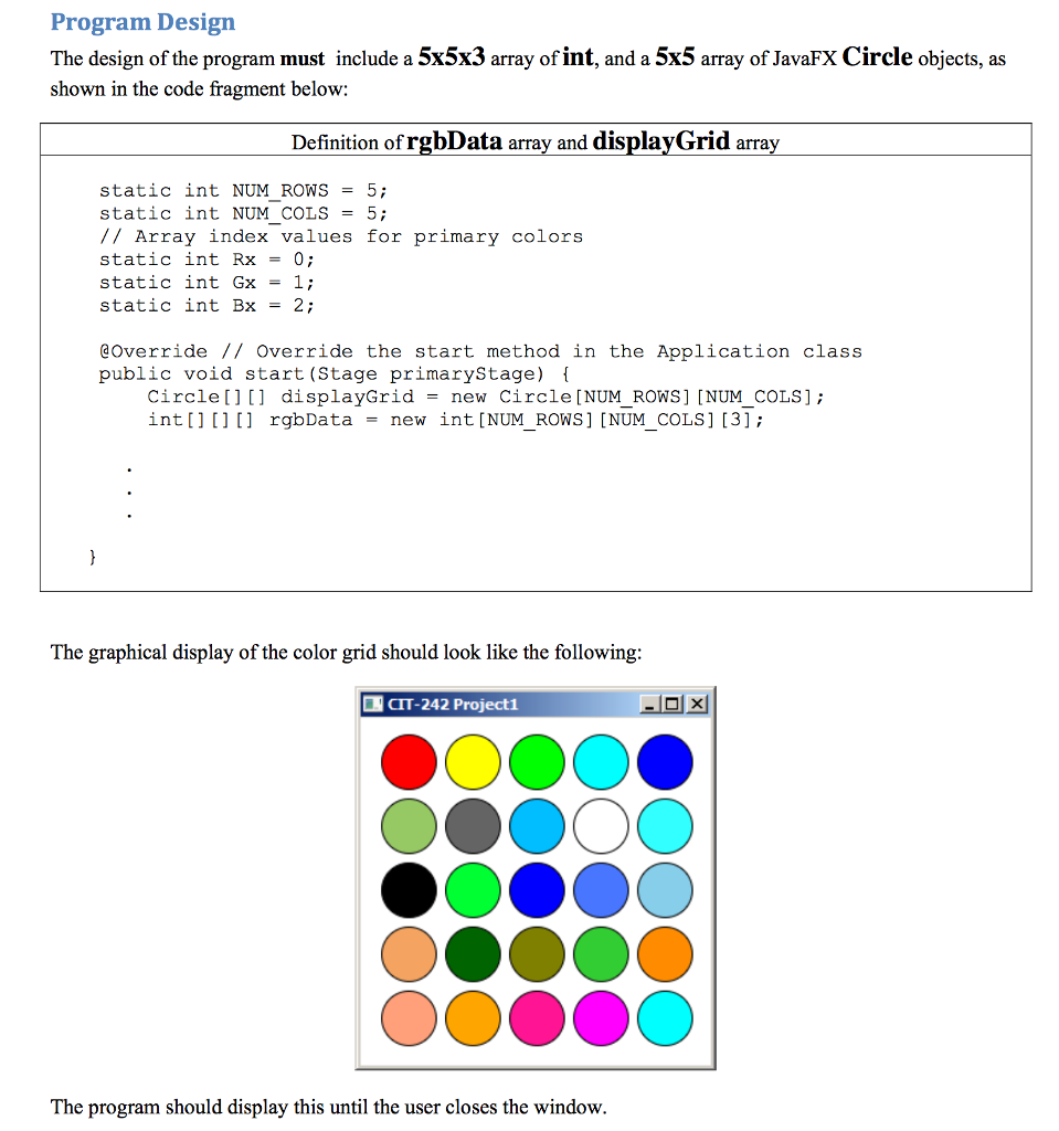 5x5 grid of circles, where the Red-Green-Blue (RGB) color values for the