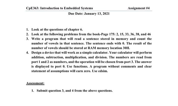 Assembly language Assignment #4 CpE363: Introduction to Embedded Systems Due Date: January