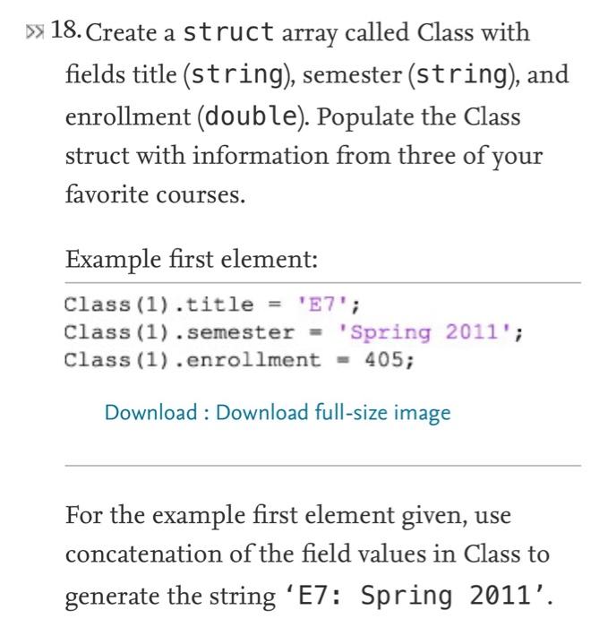 MATLAB >> 18. Create a struct array called Class with fields title