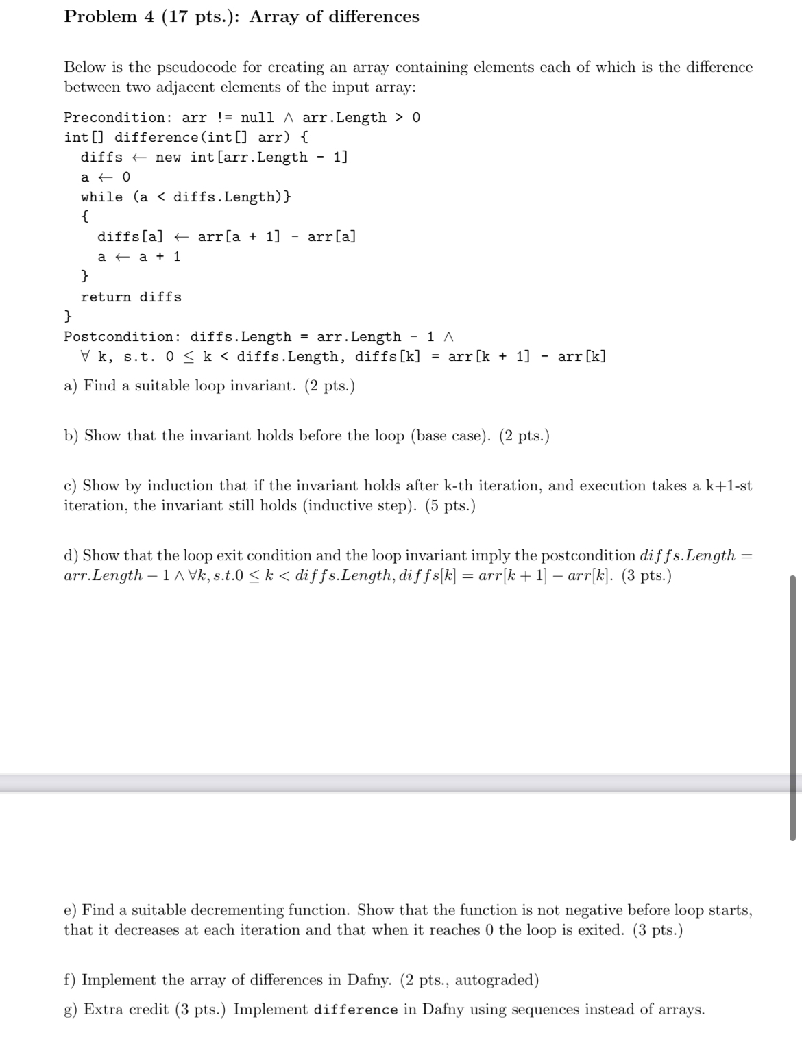  Problem 4(17 pts.): Array of differences Below is the pseudocode for