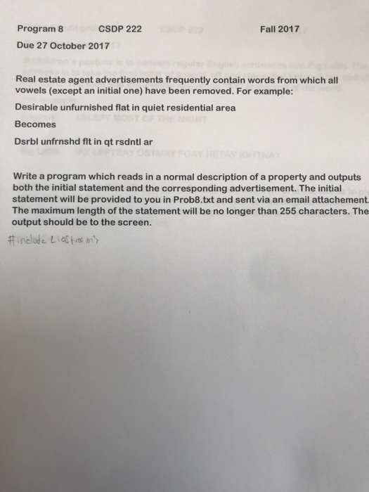  C++ Program 8 Due 27 October 2017 CSDP 222 Fall 2017