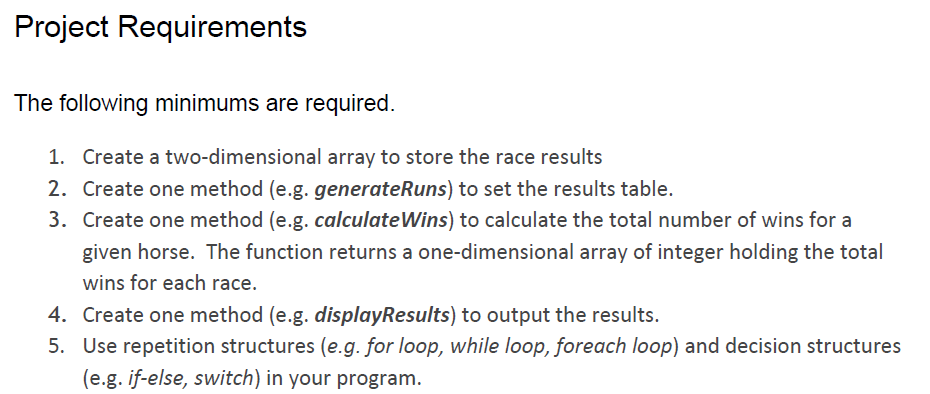 program to get total wins for a horse race. Project Specifications Each