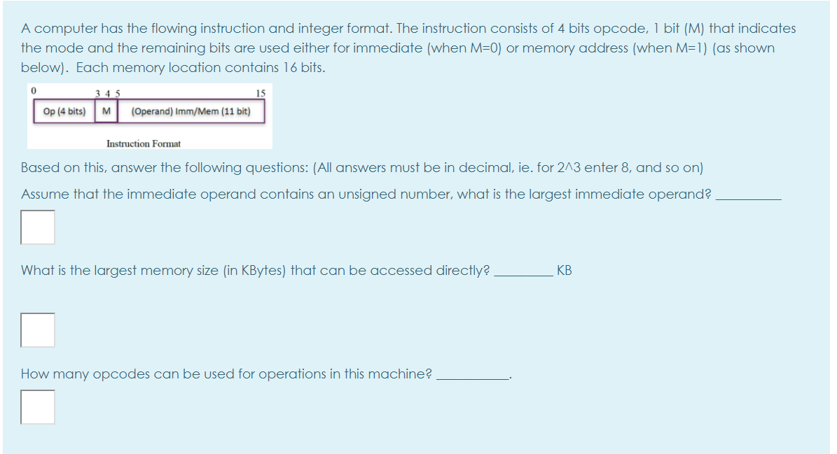  A computer has the flowing instruction and integer format. The instruction