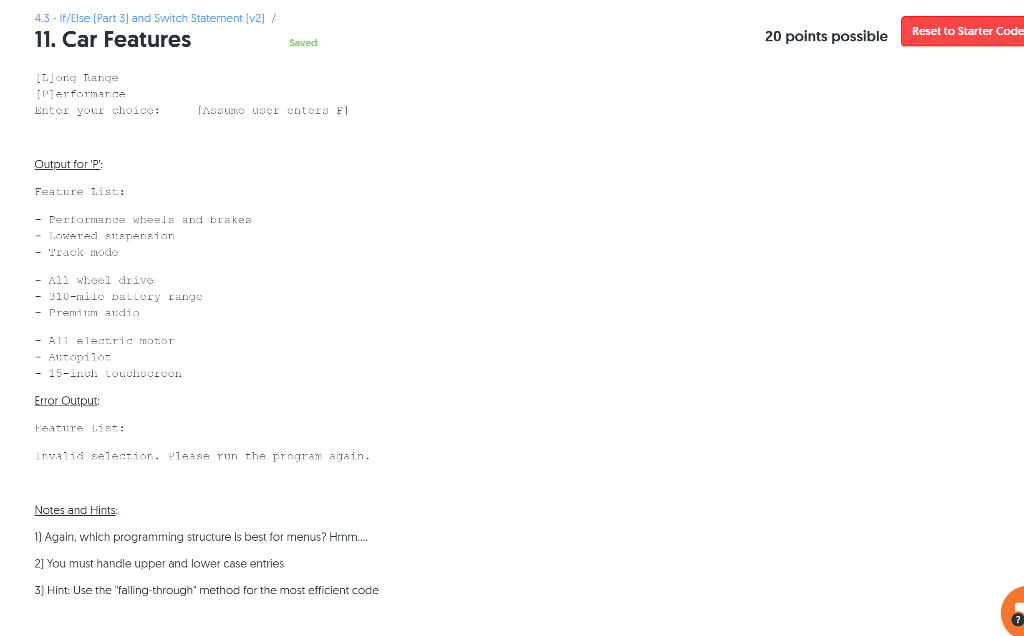 Switch Statement (V2] / 11. Car Features 20 points possible Reset to