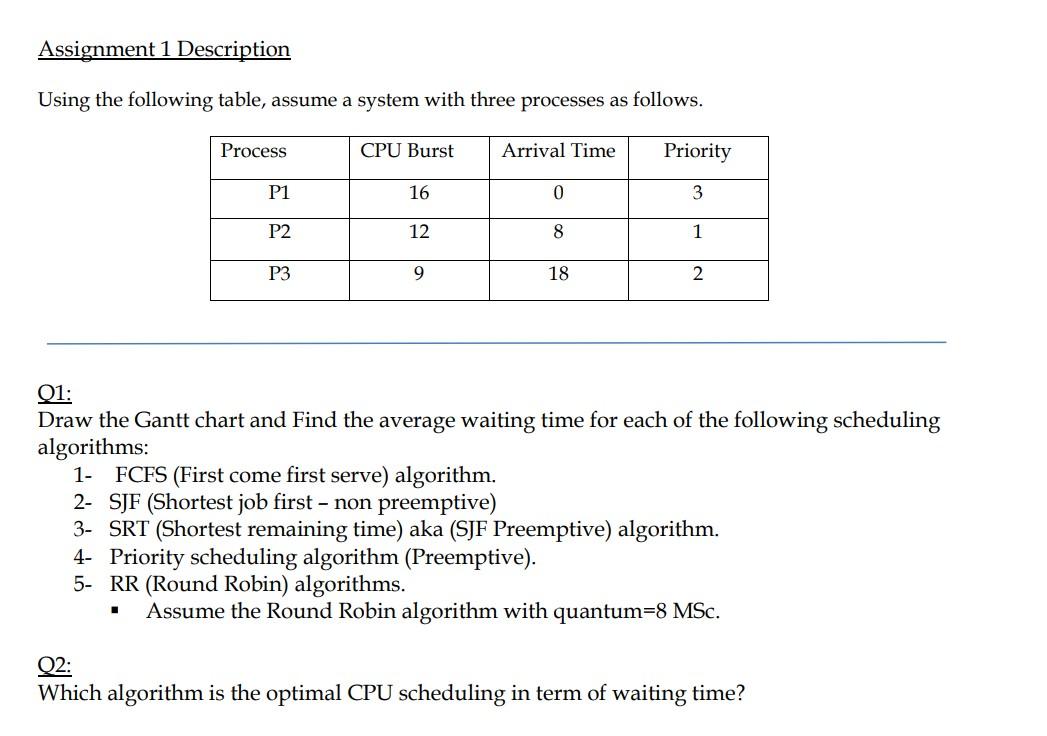  Assignment 1 Description Using the following table, assume a system with