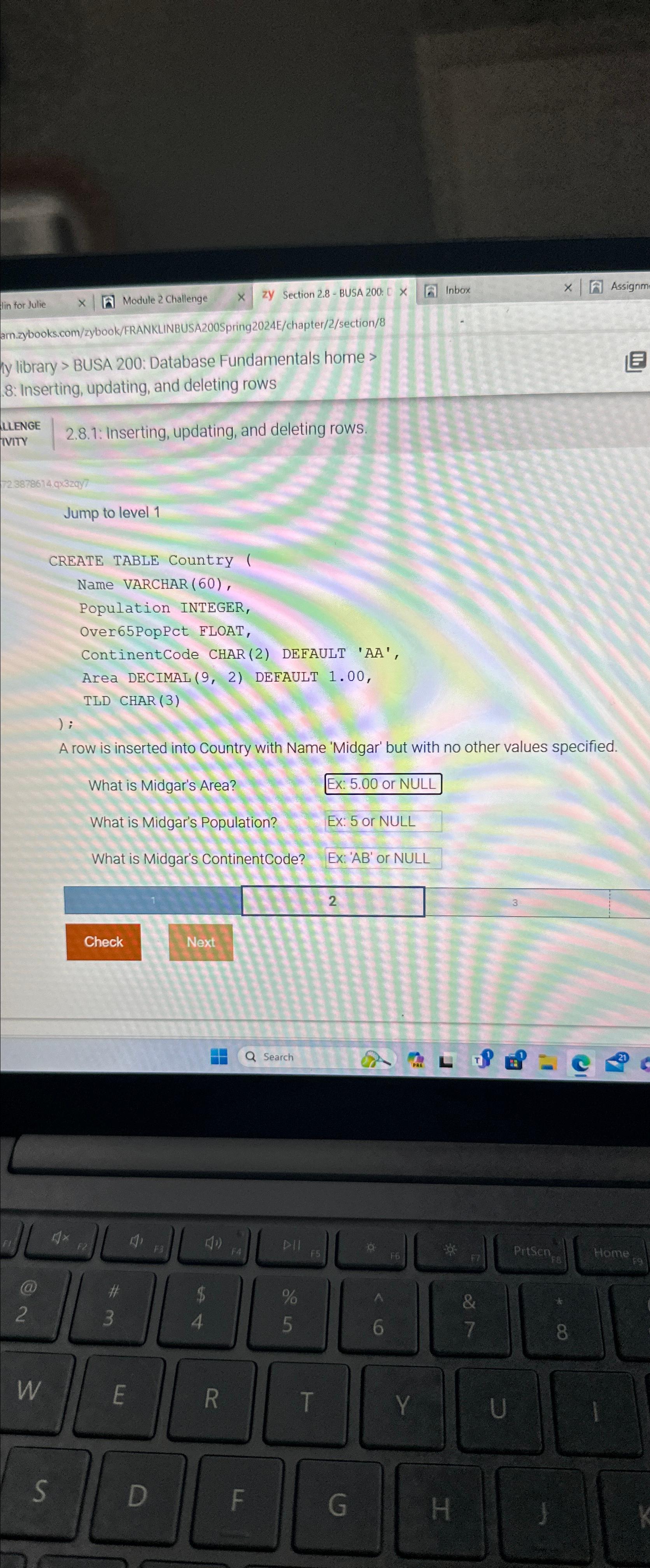  LLENGE 2.8.1: Inserting, updating, and deleting rows. Jump to level 1