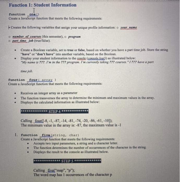  write on javascript using HTML Function 1: Student Information I function_one()