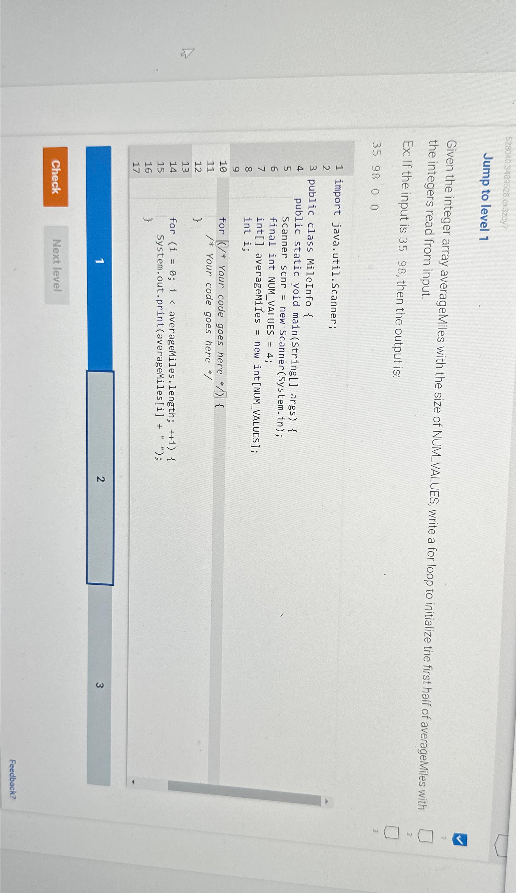  528040.3489528.q3zqy7 Jump to level 1 Given the integer array averageMiles with