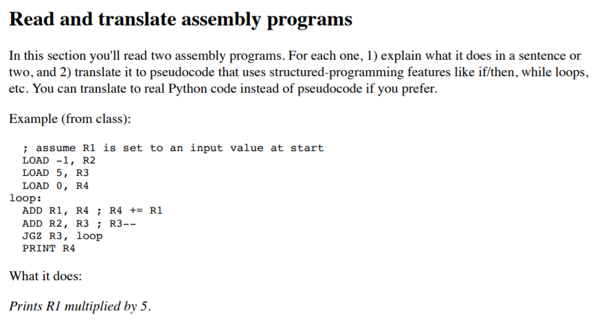  Read and translate assembly programs In this section you'll read two