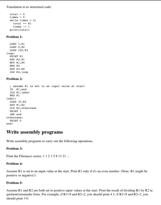 assembly programs. For each one, 1) explain what it does in a