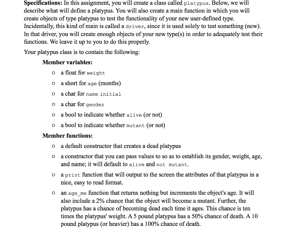  PLEASE USE C++ Specifications: In this assignment, you will create a