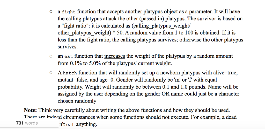 class called platypus. Below, we will describe what will define a platypus.