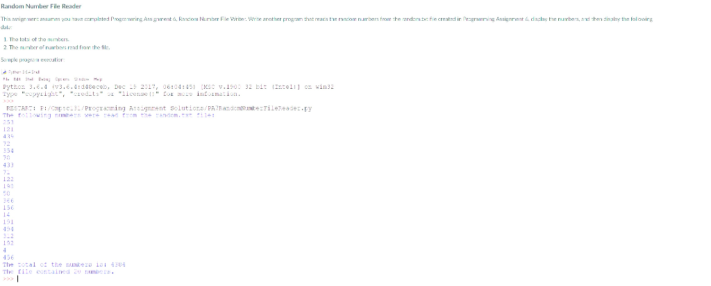 This assignment assumes you have completed Programming Assignment 6, Random Number File