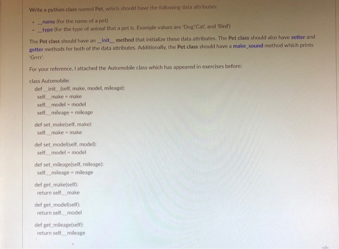  Write a python class named Pet, which should have the following