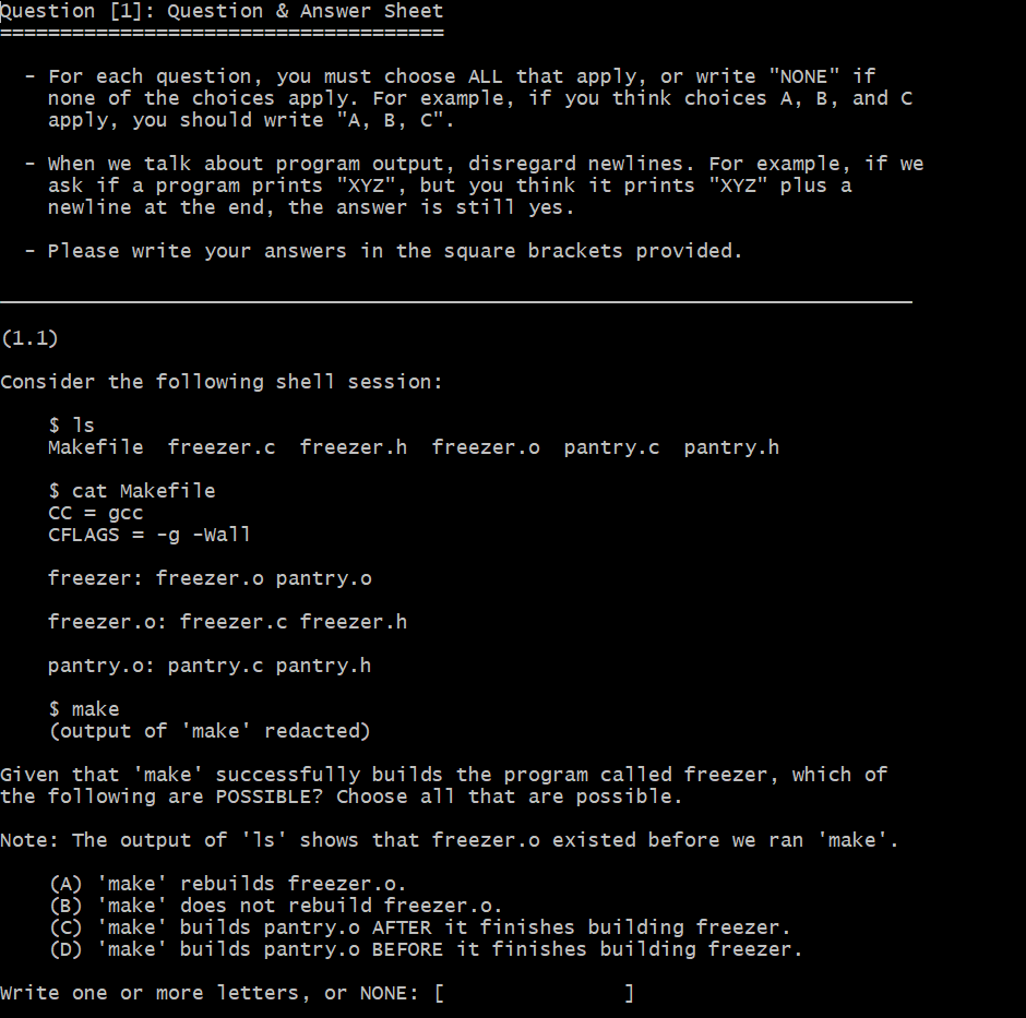 C Programming Multiple choice question Question [1]: Question & Answer sheet -