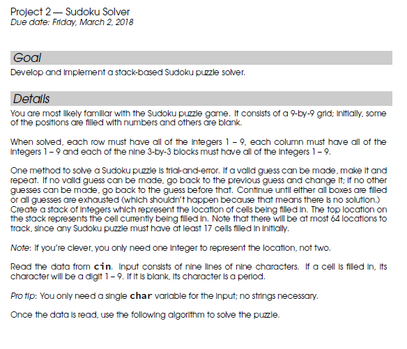 C++ Project -- Sudoku Solver Project 2- Sudoku Solver Due date: Friday,