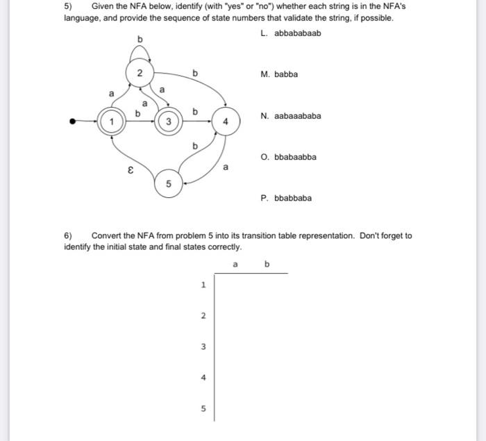  5) Given the NFA below, identify (with "yes" or "no") whether