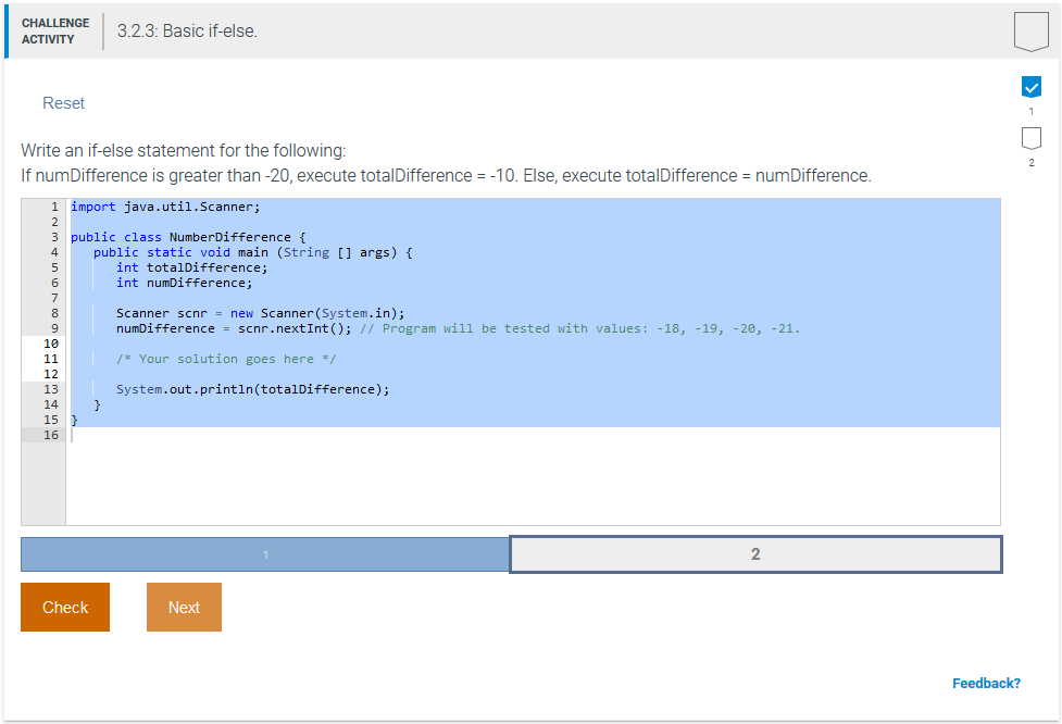 Java Write an if-else statement for the following: If numDifference is greater