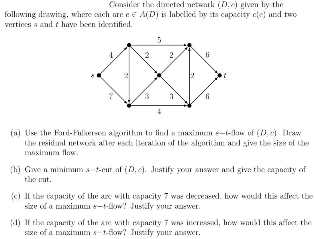  Consider the directed network (D,c) given by the following drawing, where