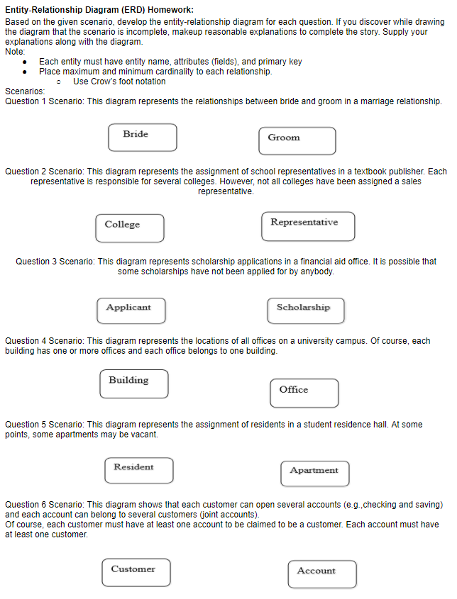  Entity-Relationship Diagram (ERD) Homework Based on the given scenario, develop the