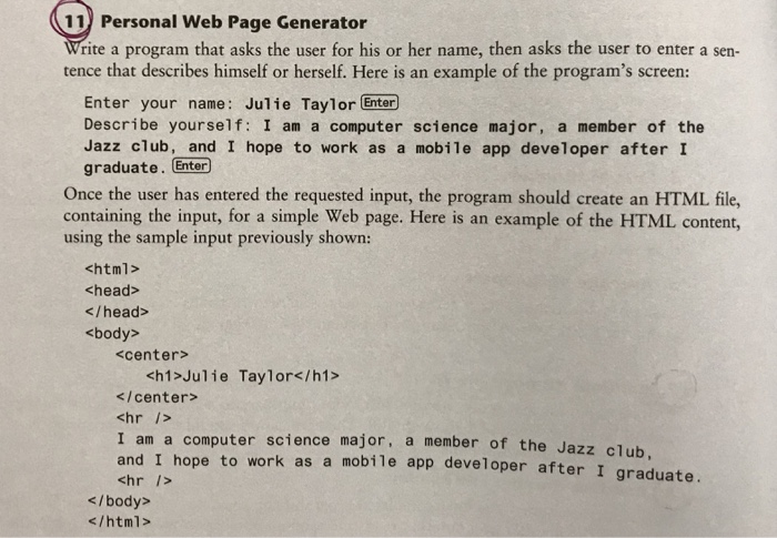  For Python Program 11) Personal Web Page Generator Write a program