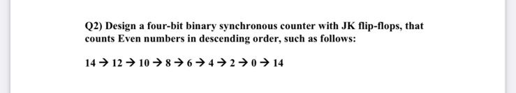  Q2) Design a four-bit binary synchronous counter with JK flip-flops, that